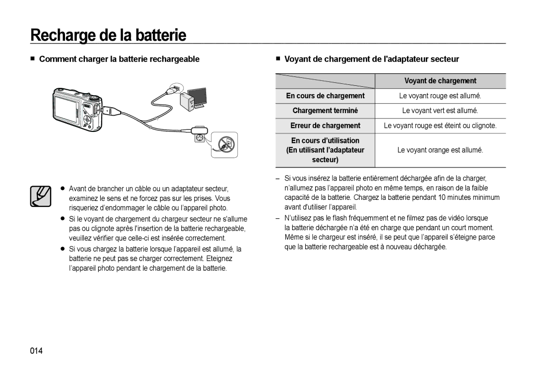 Samsung EC-WB500ABP/FR manual Comment charger la batterie rechargeable, Voyant de chargement de ladaptateur secteur, 014 