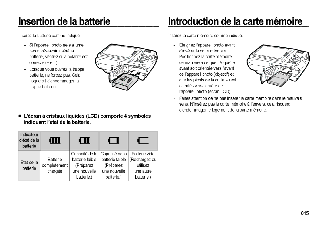 Samsung EC-WB500BBP/FR, EC-WB510BBP/FR manual Insertion de la batterie, Introduction de la carte mémoire, 015, Indicateur 