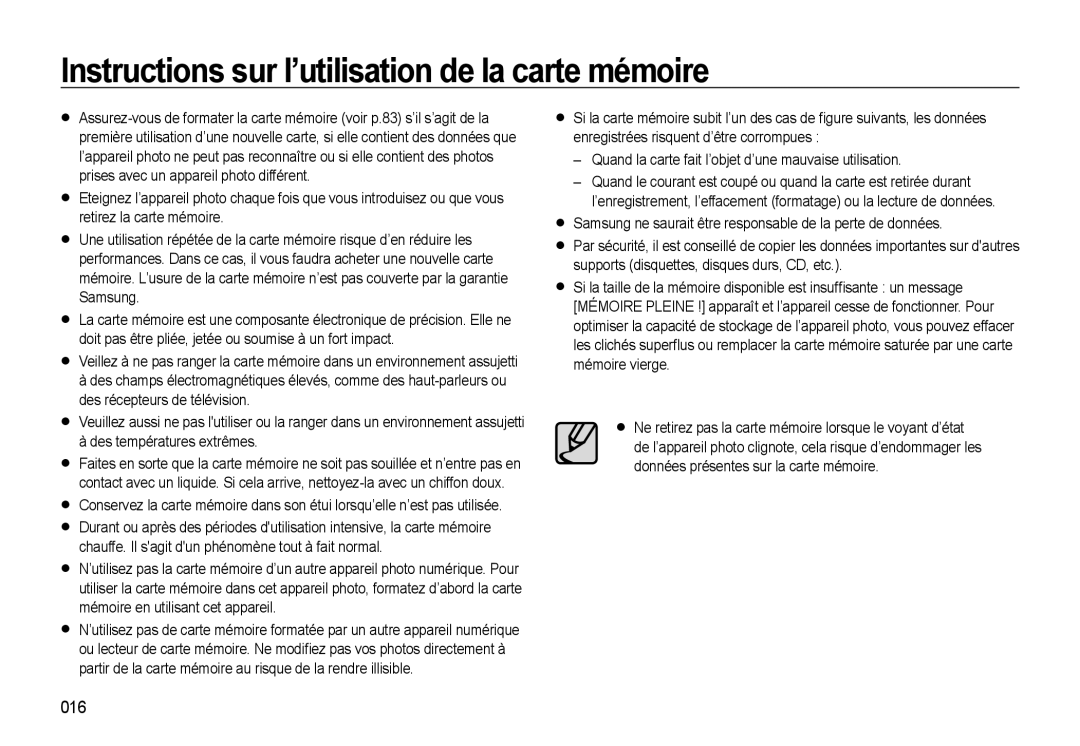 Samsung EC-WB510BBP/FR, EC-WB500BBP/FR Instructions sur l’utilisation de la carte mémoire, 016, Des températures extrêmes 