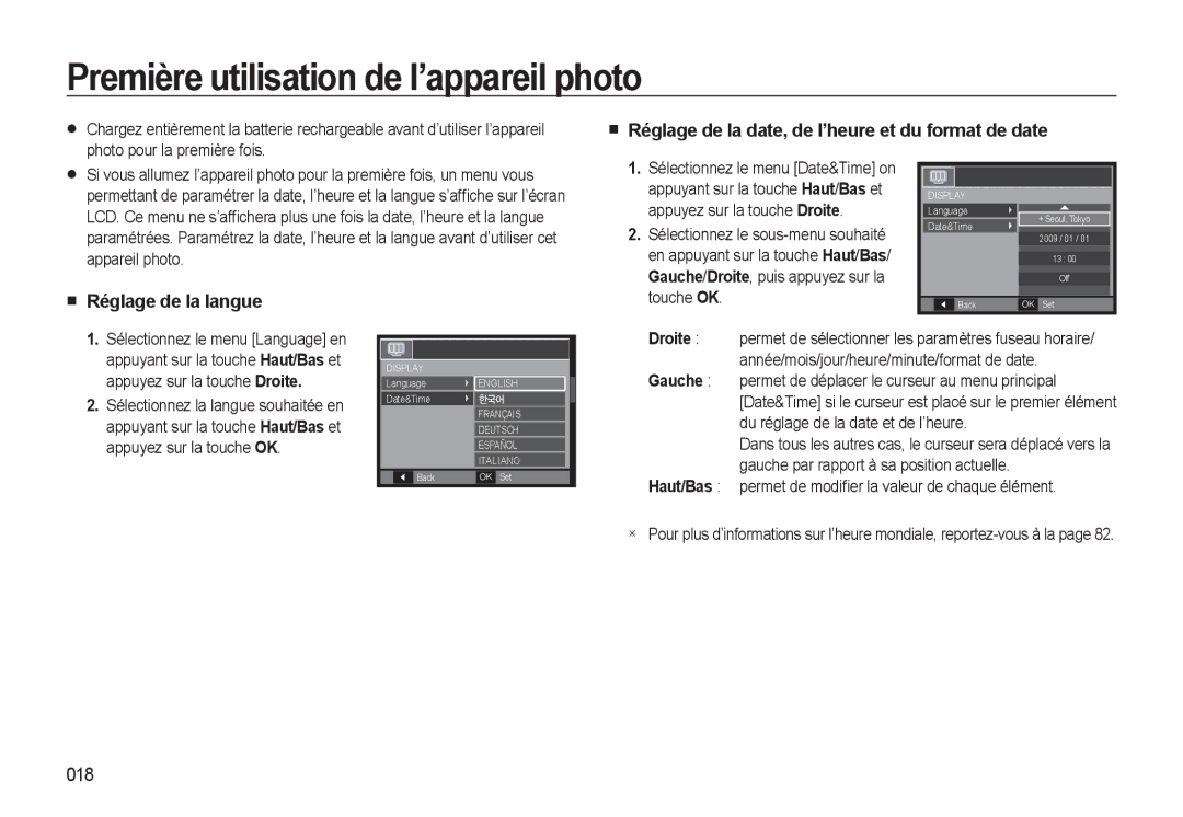 Samsung EC-WB500ABP/FR Première utilisation de l’appareil photo, Réglage de la date, de l’heure et du format de date, 018 