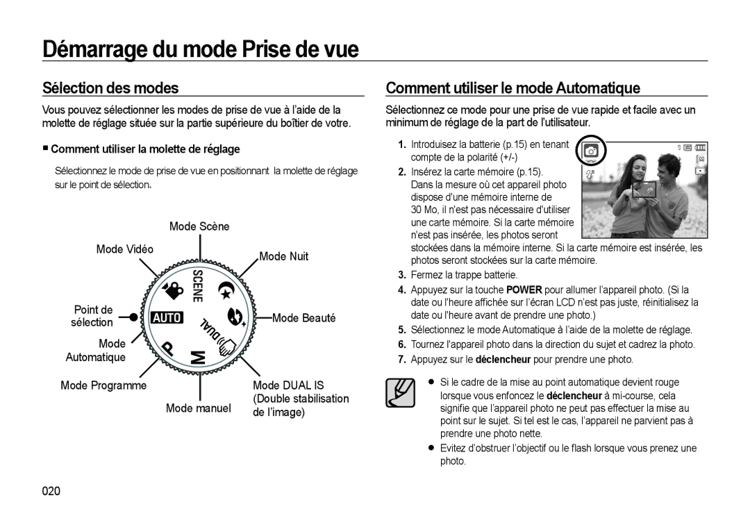 Samsung EC-WB510BBP/FR manual Démarrage du mode Prise de vue, Sélection des modes, Comment utiliser le mode Automatique 