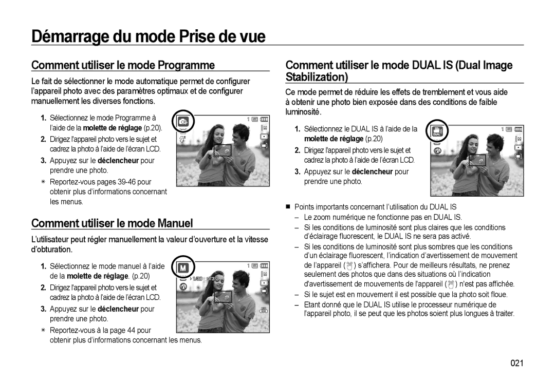 Samsung EC-WB500ABP/GB, EC-WB500BBP/FR manual Comment utiliser le mode Programme, Comment utiliser le mode Manuel, 021 