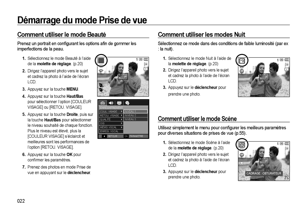 Samsung EC-WB500ABP/FR Comment utiliser le mode Beauté, Comment utiliser les modes Nuit, Comment utiliser le mode Scène 