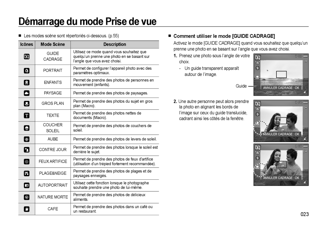 Samsung EC-WB500BBP/FR, EC-WB510BBP/FR, EC-WB500ABP/GB, EC-WB500ABP/FR Comment utiliser le mode Guide Cadrage, 023, Icônes 