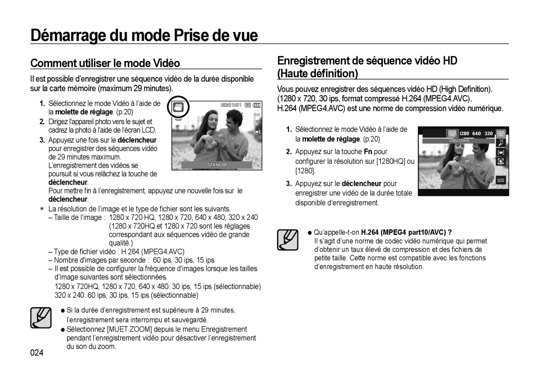 Samsung EC-WB510BBP/FR manual Comment utiliser le mode Vidéo, Enregistrement de séquence vidéo HD Haute déﬁnition, 024 