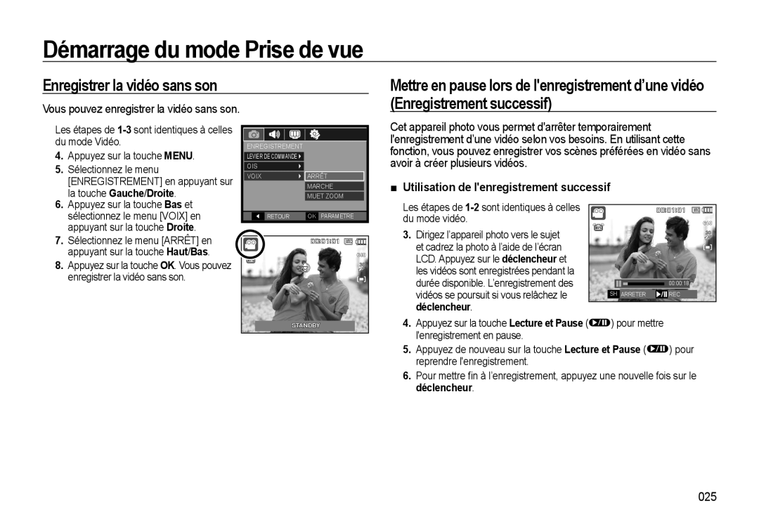 Samsung EC-WB500ABP/GB, EC-WB500BBP/FR, EC-WB510BBP/FR, EC-WB500ABP/FR manual Utilisation de lenregistrement successif, 025 