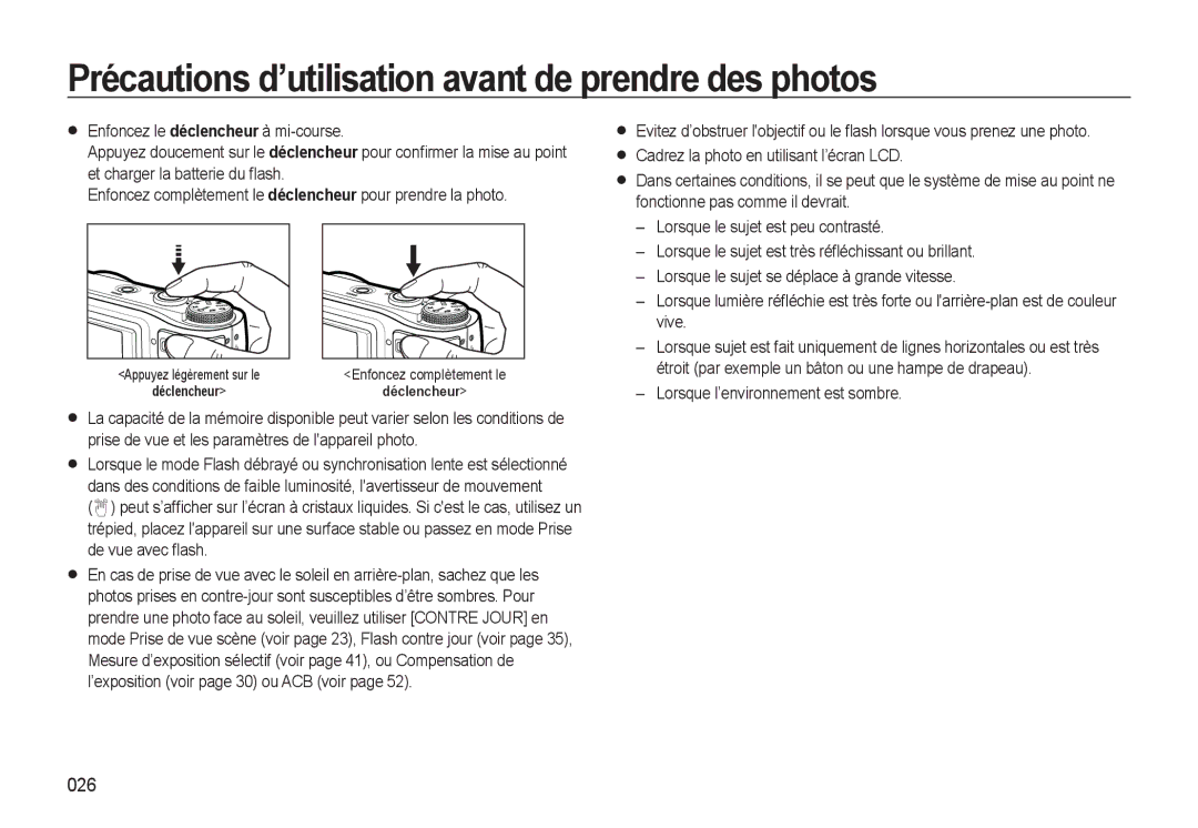 Samsung EC-WB500ABP/FR, EC-WB500BBP/FR, EC-WB510BBP/FR manual Précautions d’utilisation avant de prendre des photos, 026 