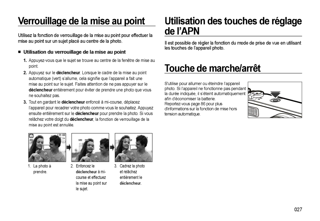 Samsung EC-WB500BBP/FR, EC-WB510BBP/FR Verrouillage de la mise au point, Utilisation des touches de réglage de l’APN, 027 