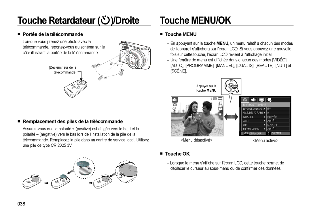 Samsung EC-WB500ABP/FR Touche MENU/OK, Portée de la télécommande, Remplacement des piles de la télécommande, Touche Menu 