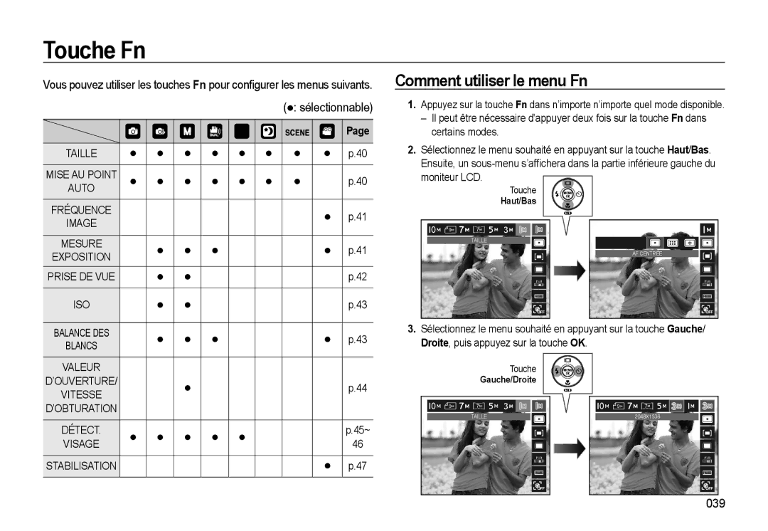 Samsung EC-WB500BBP/FR, EC-WB510BBP/FR, EC-WB500ABP/GB, EC-WB500ABP/FR manual Touche Fn, Comment utiliser le menu Fn 