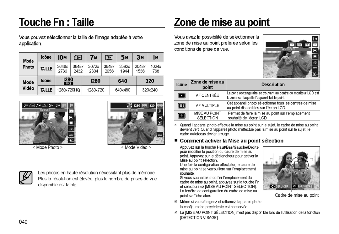 Samsung EC-WB510BBP/FR, EC-WB500BBP/FR manual Touche Fn Taille, Zone de mise au point, Conditions de prise de vue, 040 