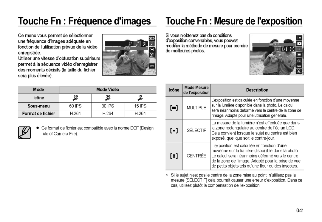 Samsung EC-WB500ABP/GB, EC-WB500BBP/FR Touche Fn Fréquence dimages Touche Fn Mesure de lexposition, 041, Mode Mode Vidéo 