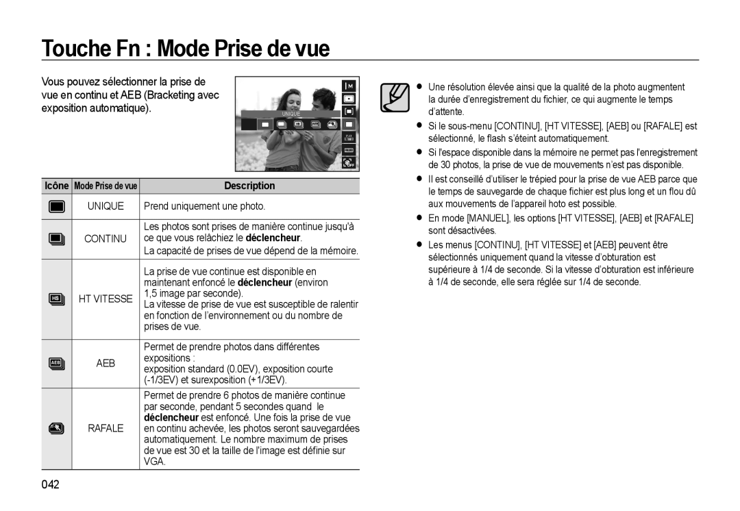 Samsung EC-WB500ABP/FR Touche Fn Mode Prise de vue, Exposition automatique, 042, Vous pouvez sélectionner la prise de 