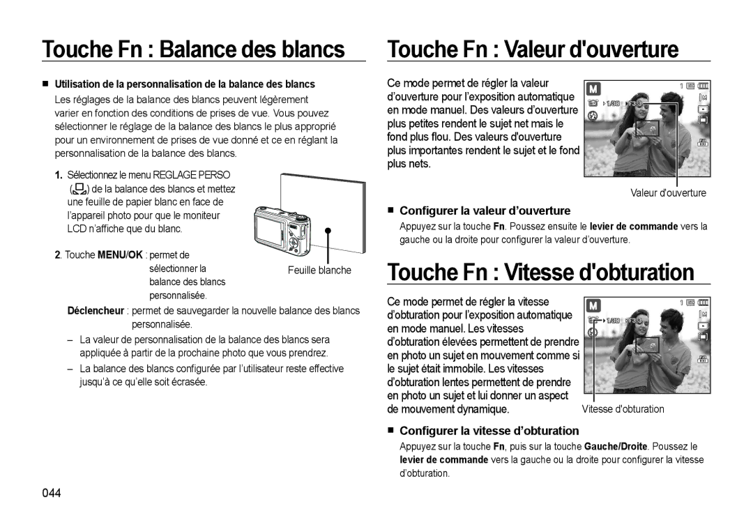 Samsung EC-WB510BBP/FR manual Touche Fn Balance des blancs Touche Fn Valeur douverture, Touche Fn Vitesse dobturation, 044 