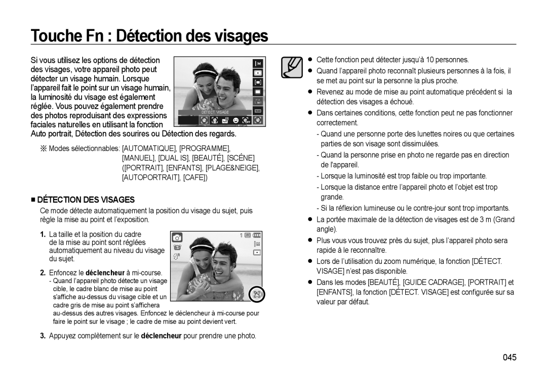 Samsung EC-WB500ABP/GB, EC-WB500BBP/FR manual Touche Fn Détection des visages, 045, Cible, le cadre blanc de mise au point 