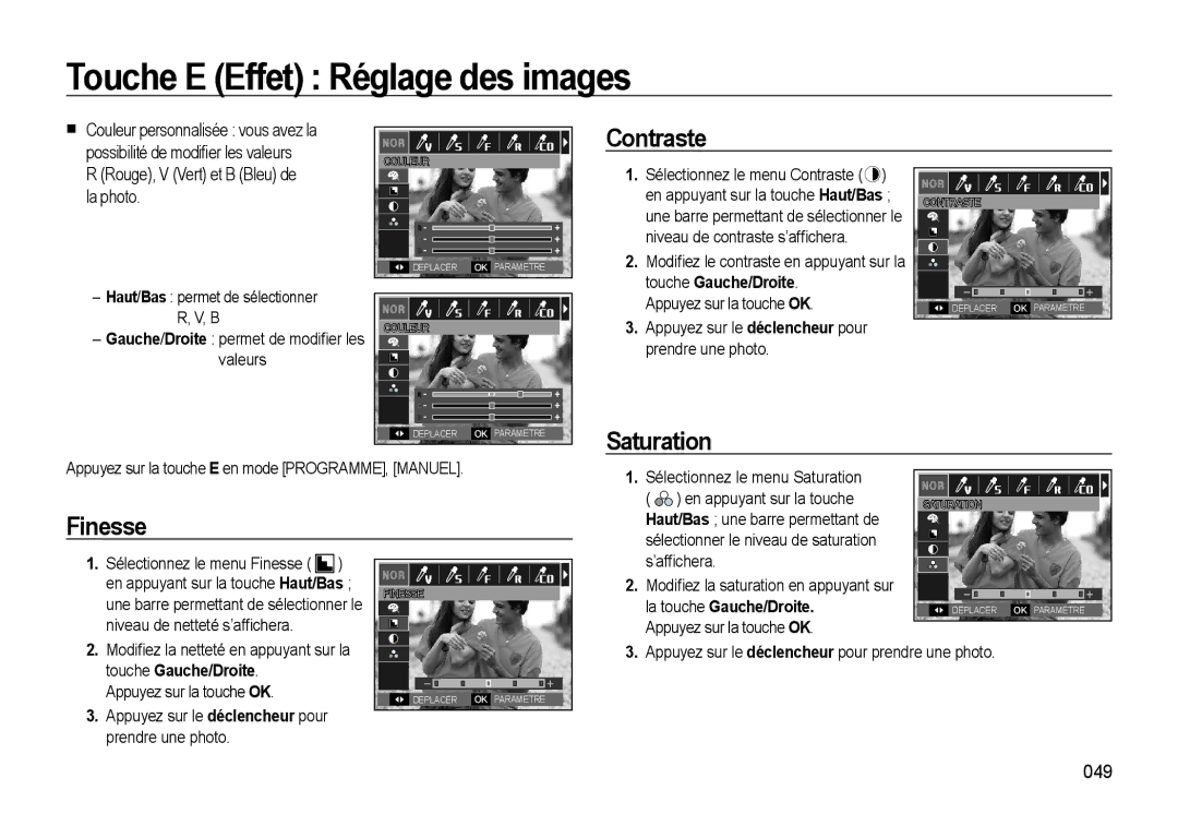 Samsung EC-WB500ABP/GB, EC-WB500BBP/FR manual Contraste, Saturation, Finesse, Rouge, V Vert et B Bleu de la photo, 049 