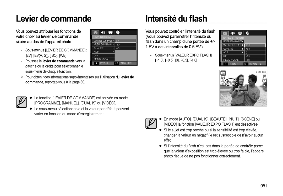 Samsung EC-WB500BBP/FR Levier de commande Intensité du ﬂash, Située au dos de l’appareil photo, 051, Ev, Eva, S, Iso, Wb 