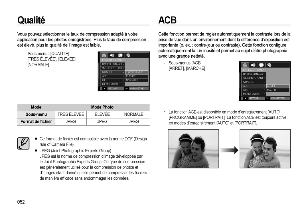 Samsung EC-WB510BBP/FR, EC-WB500BBP/FR, EC-WB500ABP/GB manual Qualité, Avec une grande netteté, 052, Normale, Mode Mode Photo 