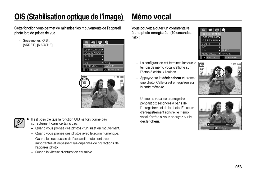 Samsung EC-WB500ABP/GB, EC-WB500BBP/FR, EC-WB510BBP/FR, EC-WB500ABP/FR manual Mémo vocal, 053 