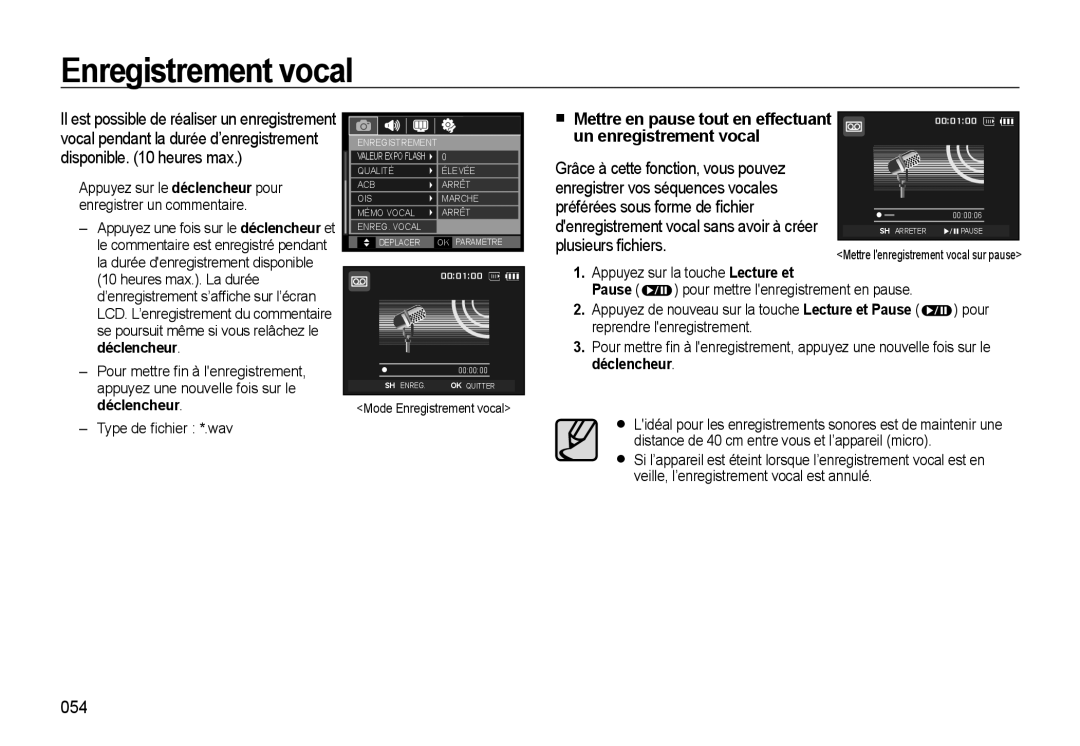 Samsung EC-WB500ABP/FR manual Enregistrement vocal, 054, Mettre en pause tout en effectuant un enregistrement vocal 