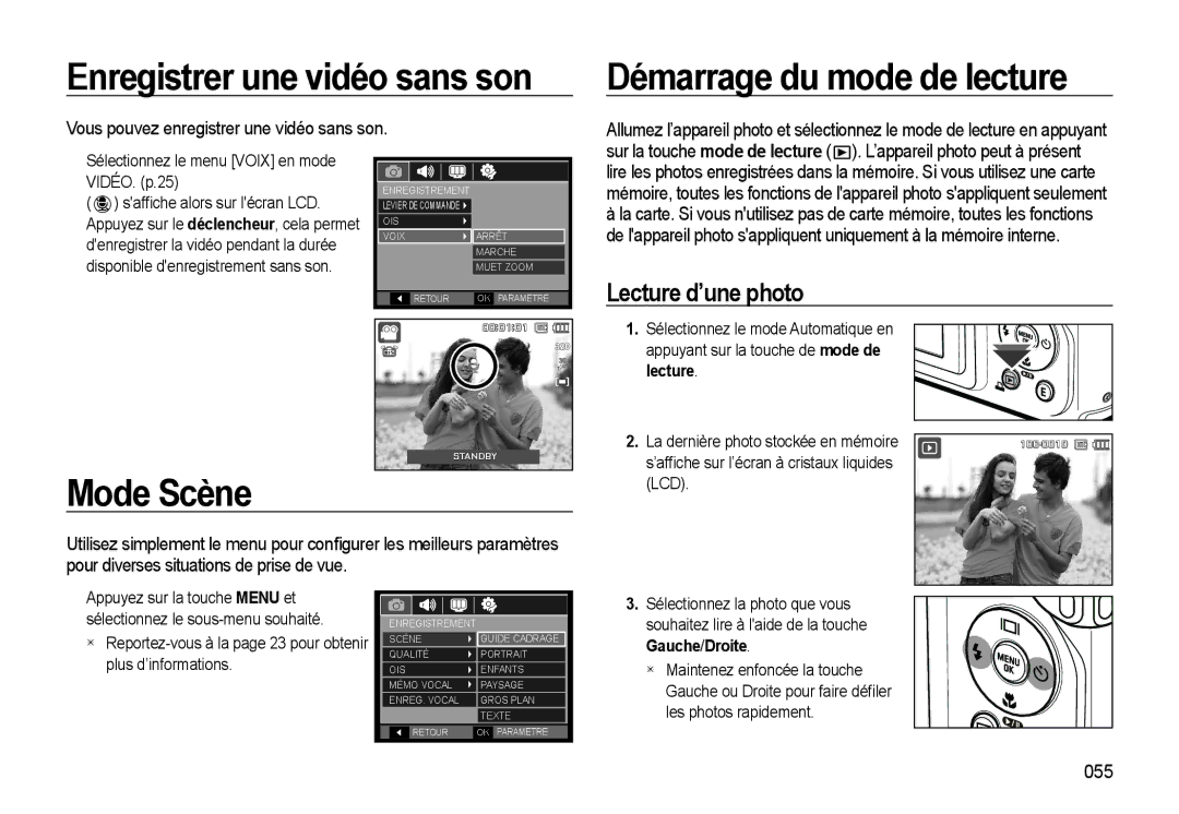 Samsung EC-WB500BBP/FR manual Enregistrer une vidéo sans son, Démarrage du mode de lecture, Mode Scène, Lecture d’une photo 