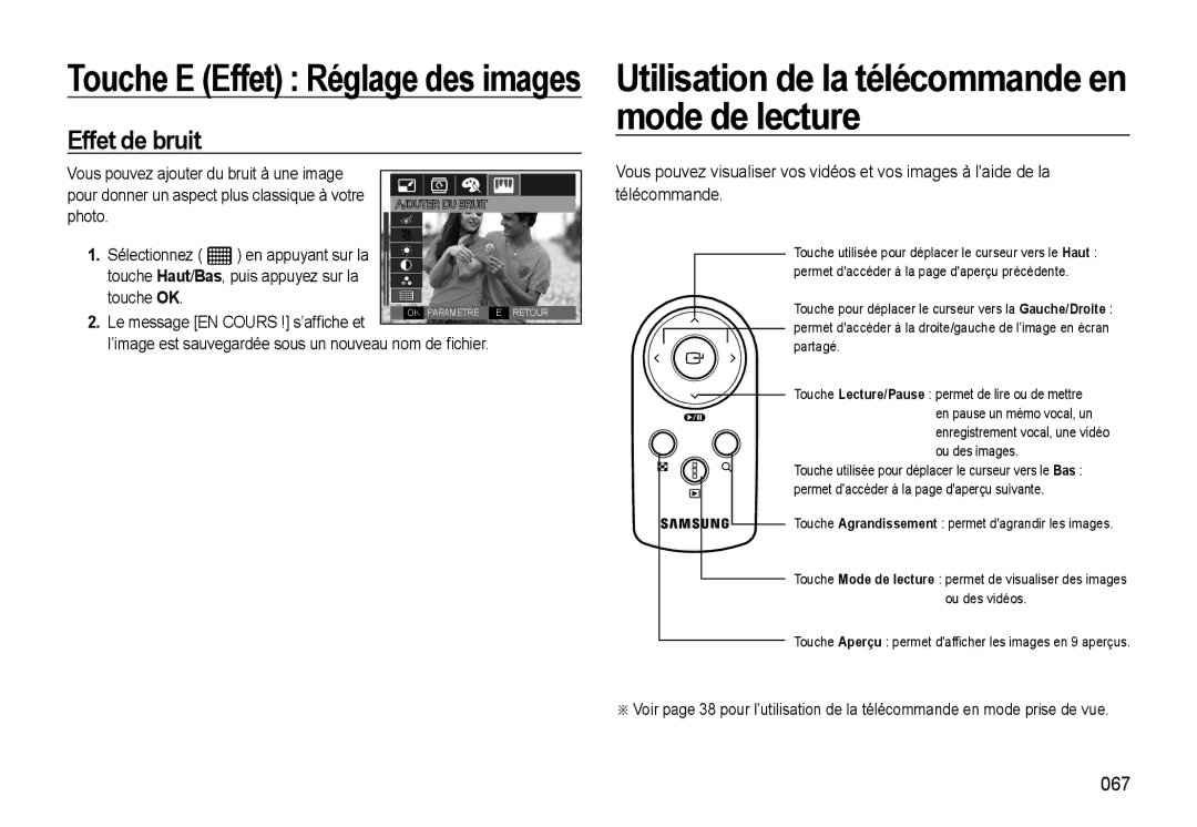 Samsung EC-WB500BBP/FR, EC-WB510BBP/FR manual Utilisation de la télécommande en mode de lecture, Effet de bruit, 067 