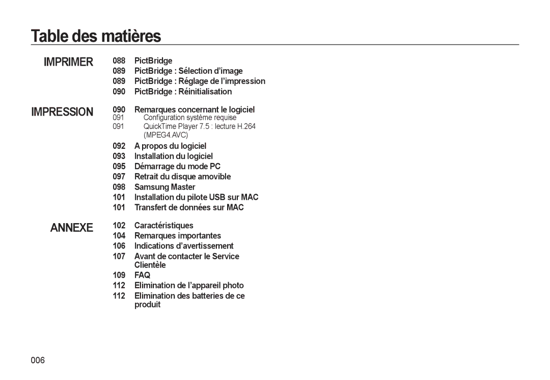 Samsung EC-WB500ABP/FR, EC-WB500BBP/FR, EC-WB510BBP/FR, EC-WB500ABP/GB manual Imprimer Impression Annexe, 006 