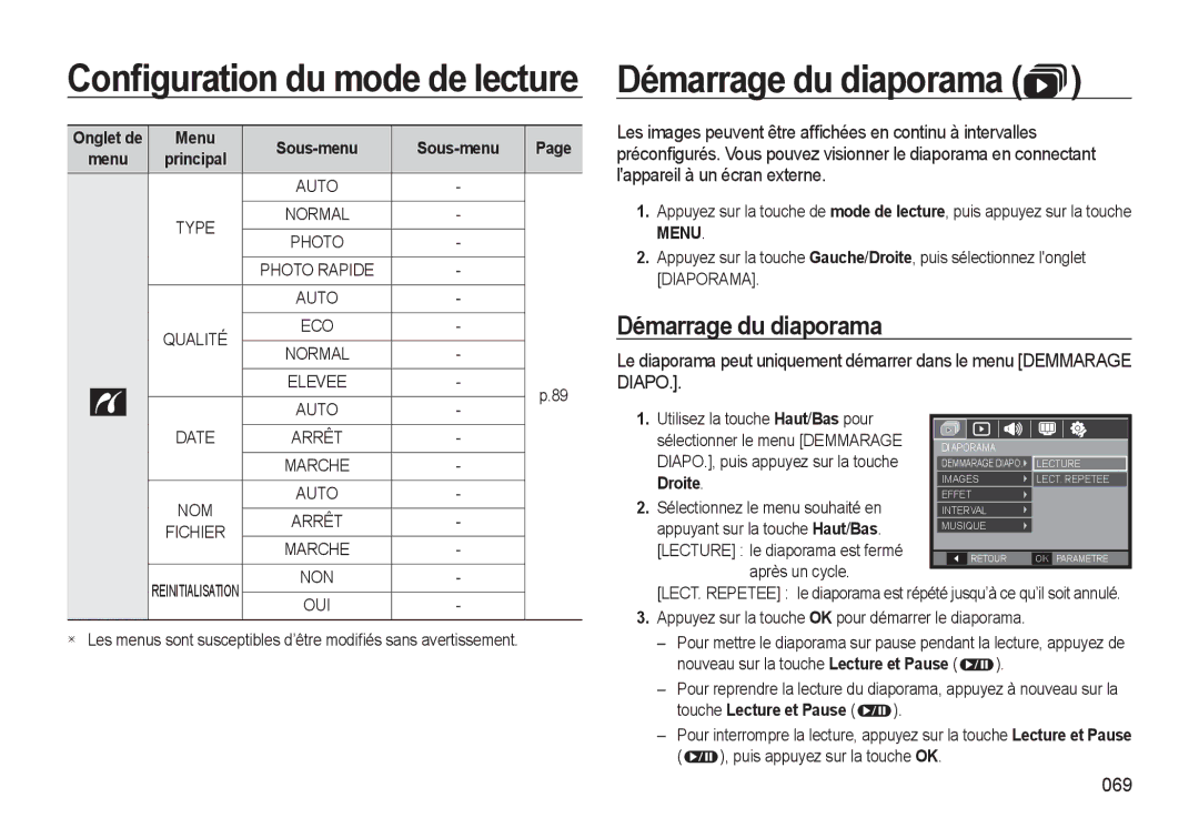 Samsung EC-WB500ABP/GB, EC-WB500BBP/FR, EC-WB510BBP/FR manual Démarrage du diaporama, 069, Droite, Touche Lecture et Pause 