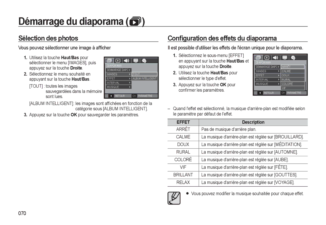 Samsung EC-WB500ABP/FR, EC-WB500BBP/FR, EC-WB510BBP/FR manual Sélection des photos, Conﬁguration des effets du diaporama, 070 