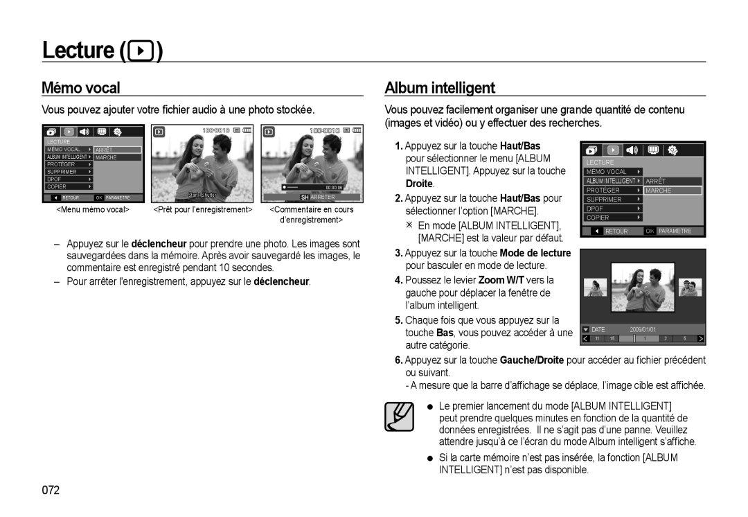 Samsung EC-WB510BBP/FR Lecture, Mémo vocal Album intelligent, Vous pouvez ajouter votre ﬁchier audio à une photo stockée 