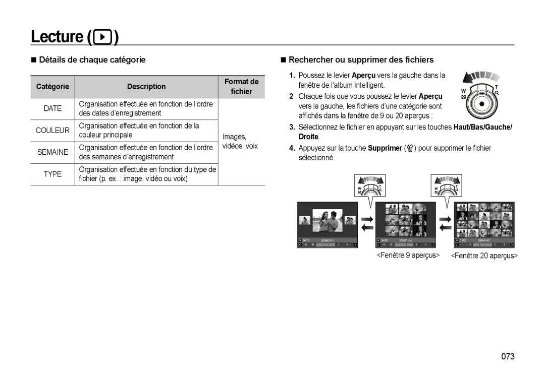 Samsung EC-WB500ABP/GB, EC-WB500BBP/FR manual Détails de chaque catégorie, Rechercher ou supprimer des ﬁchiers, 073 