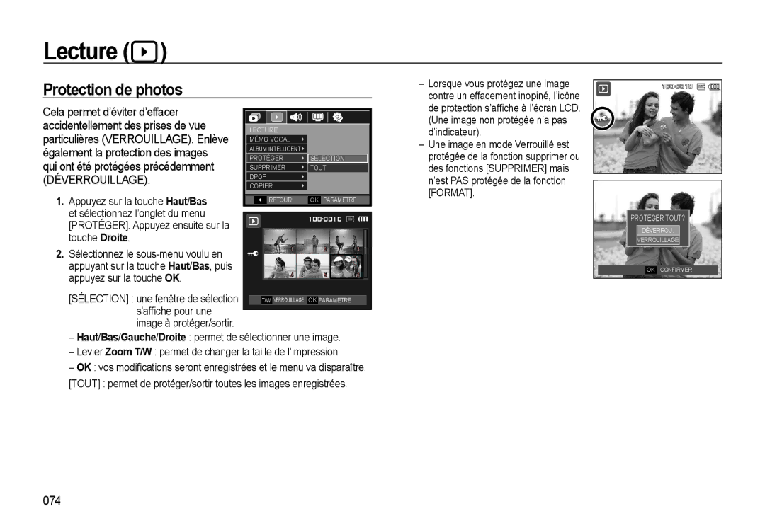 Samsung EC-WB500ABP/FR, EC-WB500BBP/FR, EC-WB510BBP/FR, EC-WB500ABP/GB manual Protection de photos 