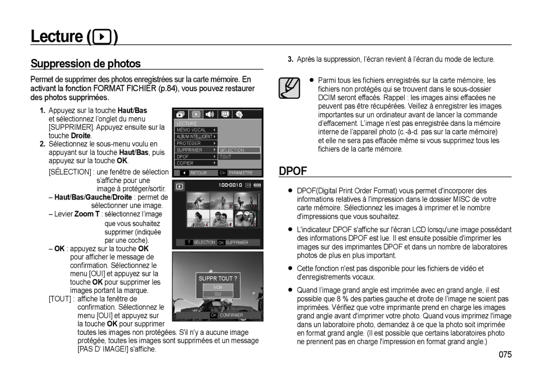 Samsung EC-WB500BBP/FR, EC-WB510BBP/FR, EC-WB500ABP/GB manual Suppression de photos, 075, Haut/Bas/Gauche/Droite permet de 