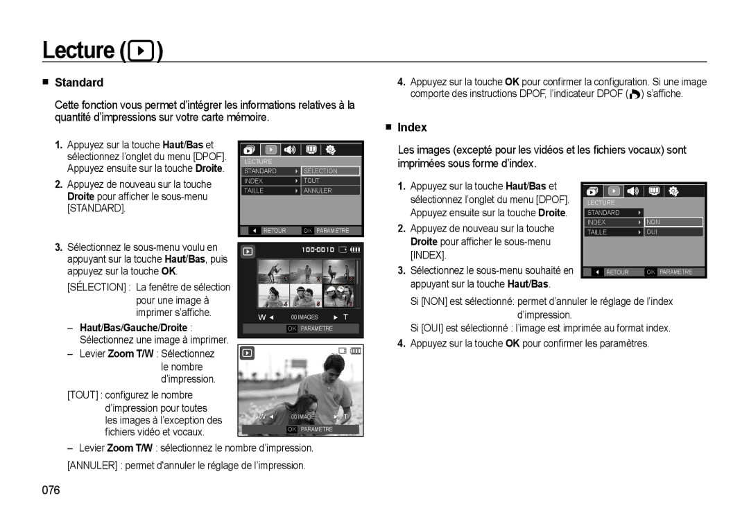 Samsung EC-WB510BBP/FR, EC-WB500BBP/FR, EC-WB500ABP/GB, EC-WB500ABP/FR manual Standard, Index, 076, Haut/Bas/Gauche/Droite 