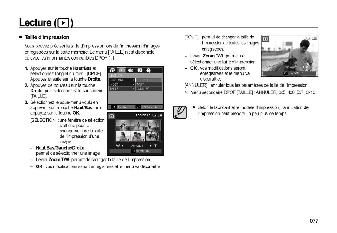 Samsung EC-WB500ABP/GB, EC-WB500BBP/FR, EC-WB510BBP/FR, EC-WB500ABP/FR manual Taille dimpression, 077 
