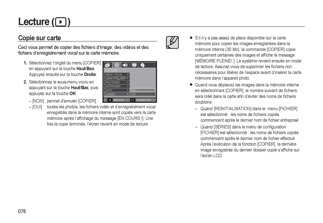 Samsung EC-WB500ABP/FR, EC-WB500BBP/FR, EC-WB510BBP/FR, EC-WB500ABP/GB manual Copie sur carte, 078 