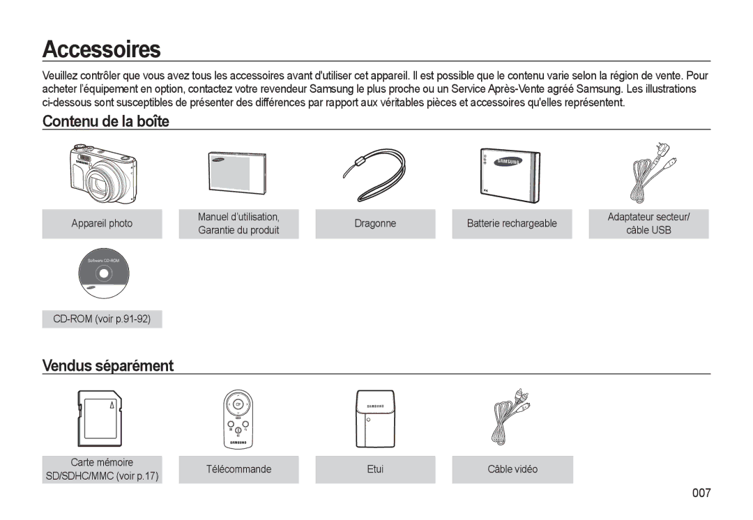 Samsung EC-WB500BBP/FR, EC-WB510BBP/FR, EC-WB500ABP/GB manual Accessoires, Contenu de la boîte, Vendus séparément, 007 