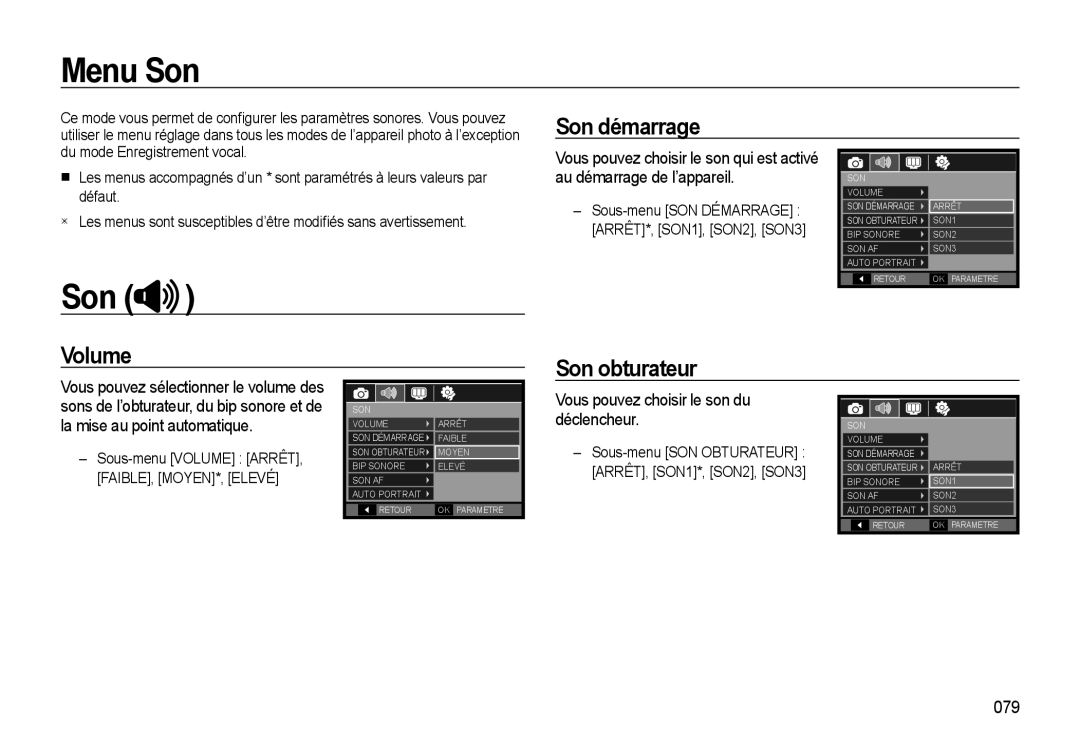 Samsung EC-WB500BBP/FR, EC-WB510BBP/FR, EC-WB500ABP/GB, EC-WB500ABP/FR manual Menu Son, Son démarrage, Volume Son obturateur 