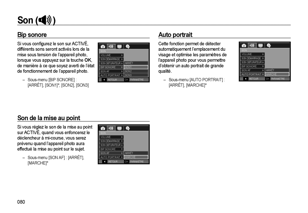 Samsung EC-WB510BBP/FR manual Bip sonore Auto portrait, Son de la mise au point, 080, Sous-menu SON AF ARRÊT, Marche 