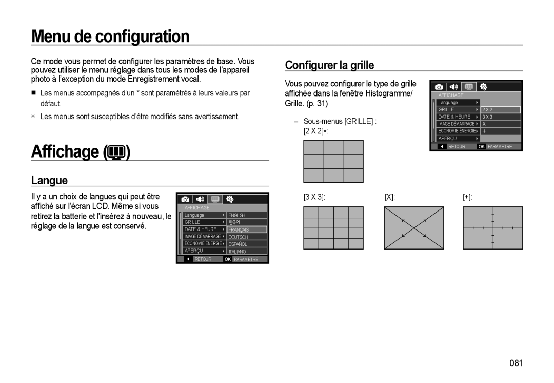 Samsung EC-WB500ABP/GB, EC-WB500BBP/FR, EC-WB510BBP/FR Menu de conﬁguration, Afﬁchage, Conﬁgurer la grille, Langue, 081 