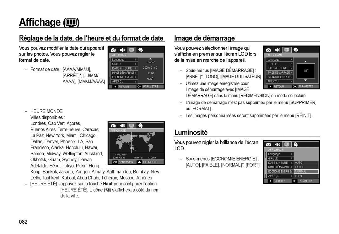 Samsung EC-WB500ABP/FR, EC-WB500BBP/FR manual Luminosité, Vous pouvez régler la brillance de l’écran LCD, 082, Heure Monde 