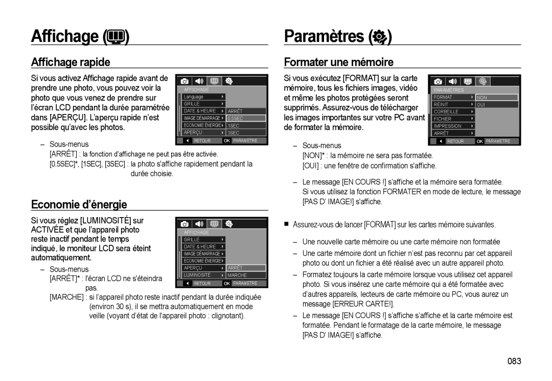 Samsung EC-WB500BBP/FR, EC-WB510BBP/FR, EC-WB500ABP/GB Paramètres, Afﬁchage rapide, Formater une mémoire, 083, Sous-menus 