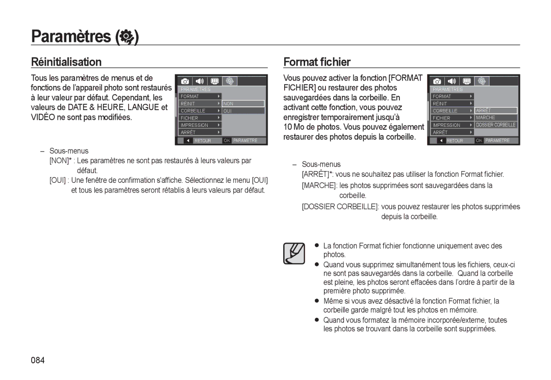 Samsung EC-WB510BBP/FR, EC-WB500BBP/FR, EC-WB500ABP/GB, EC-WB500ABP/FR manual Réinitialisation Format ﬁchier, 084 