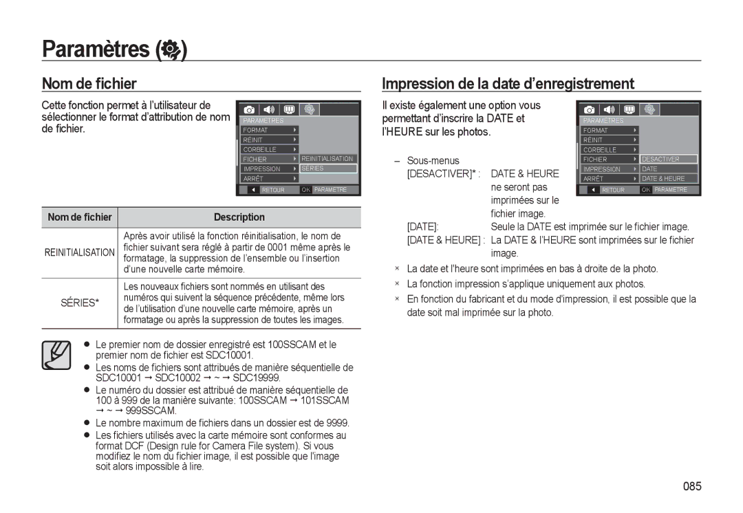 Samsung EC-WB500ABP/GB manual Nom de ﬁchier Impression de la date d’enregistrement, 085, ’une nouvelle carte mémoire, Date 