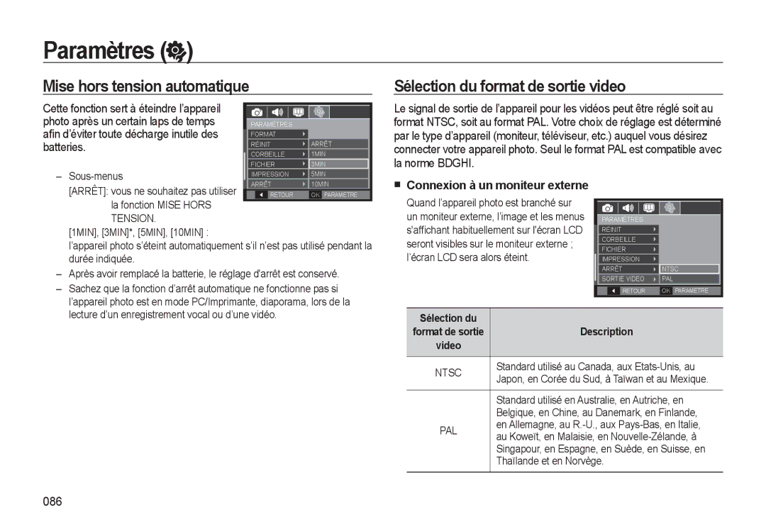 Samsung EC-WB500ABP/FR, EC-WB500BBP/FR manual Mise hors tension automatique, Sélection du format de sortie video, 086 