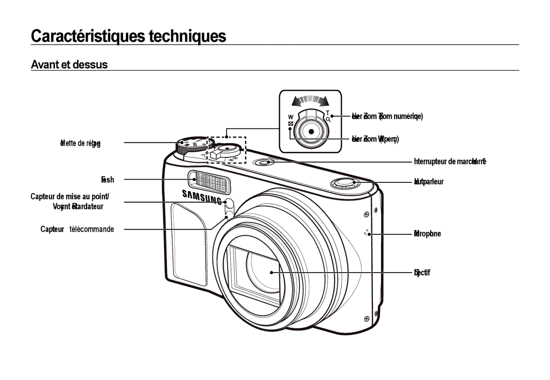 Samsung EC-WB510BBP/FR, EC-WB500BBP/FR, EC-WB500ABP/GB, EC-WB500ABP/FR manual Caractéristiques techniques, Avant et dessus 