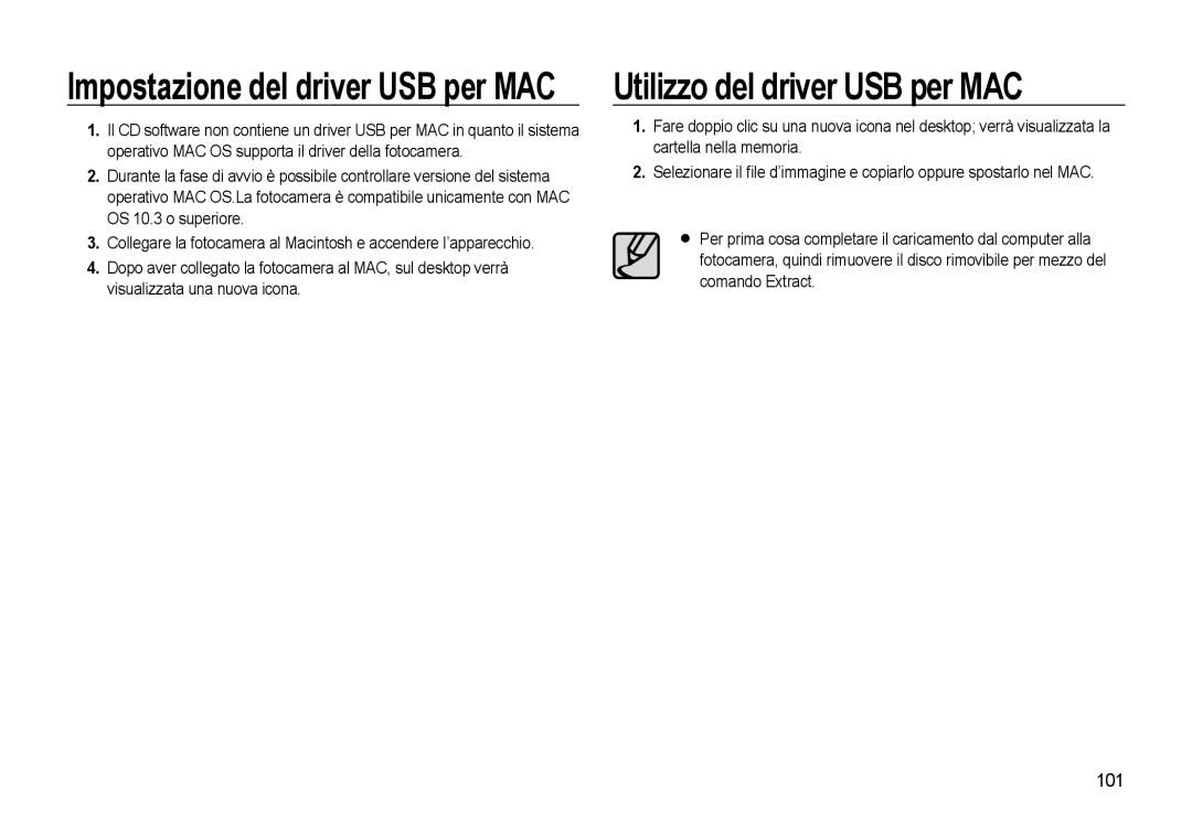 Samsung EC-WB500ABA/IT, EC-WB500BBP/IT, EC-WB500BBA/IT, EC-WB500ABP/IT manual Utilizzo del driver USB per MAC, 101 