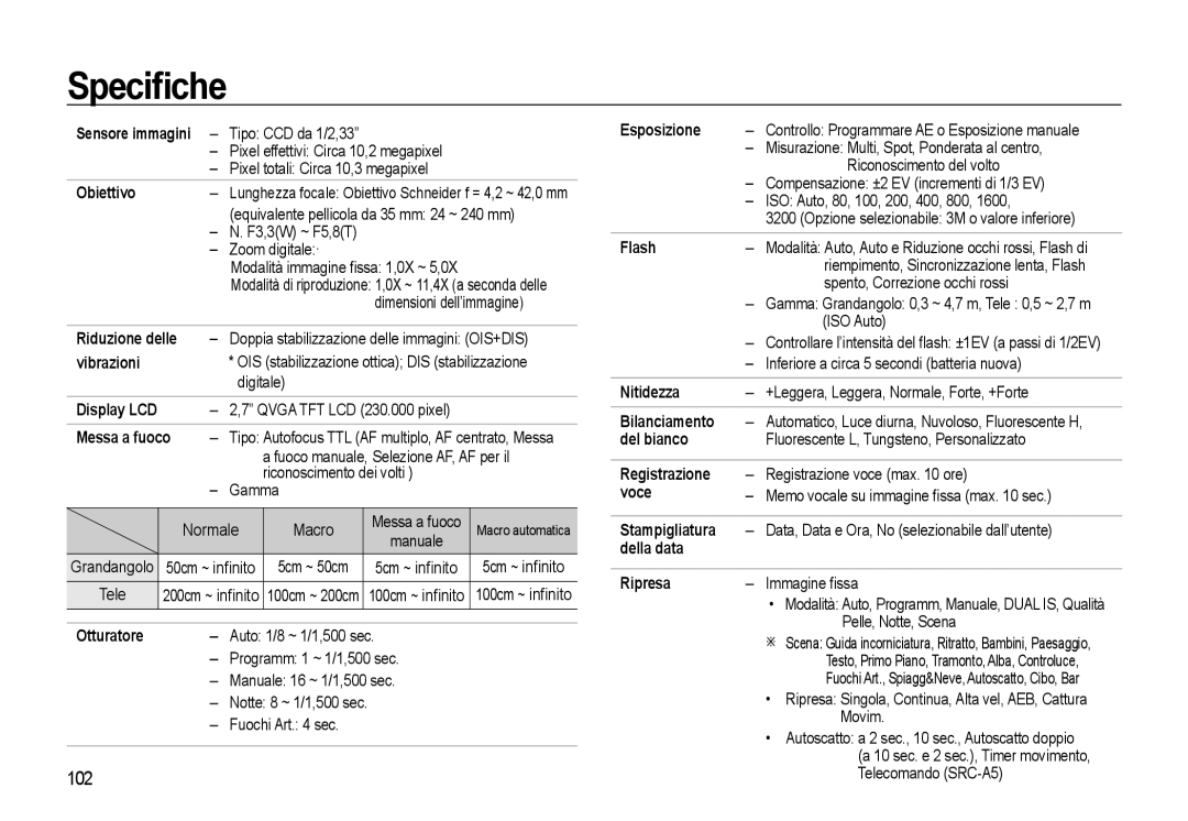 Samsung EC-WB500ABP/IT, EC-WB500BBP/IT, EC-WB500BBA/IT, EC-WB500ABA/IT manual Speciﬁche, 102 