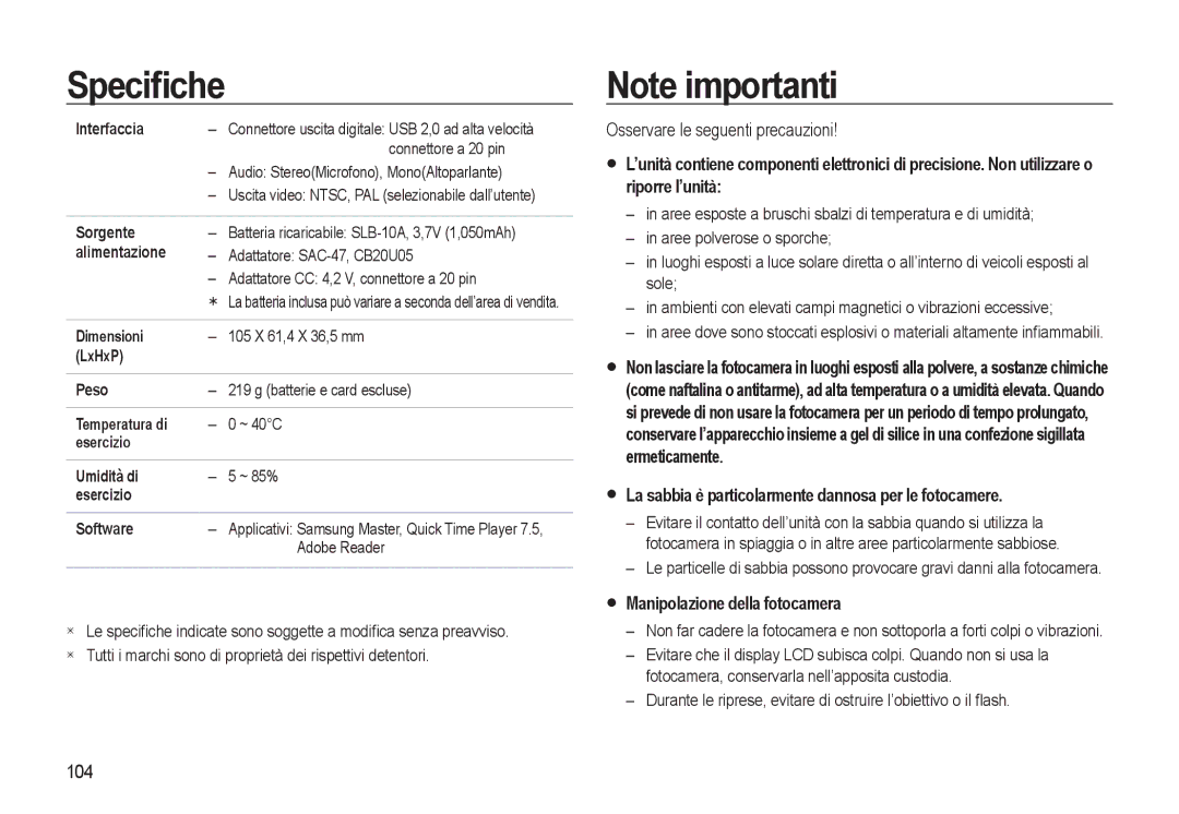 Samsung EC-WB500BBA/IT manual Osservare le seguenti precauzioni, La sabbia è particolarmente dannosa per le fotocamere, 104 