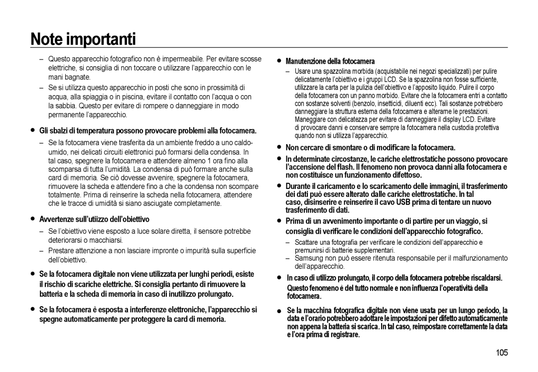 Samsung EC-WB500ABA/IT, EC-WB500BBP/IT manual Avvertenze sull’utiizzo dell’obiettivo, Manutenzione della fotocamera, 105 